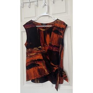 Lafayette 148 Silk Abstract Art Wrap Blouse Women's 12 Orange Multi Side Zip
